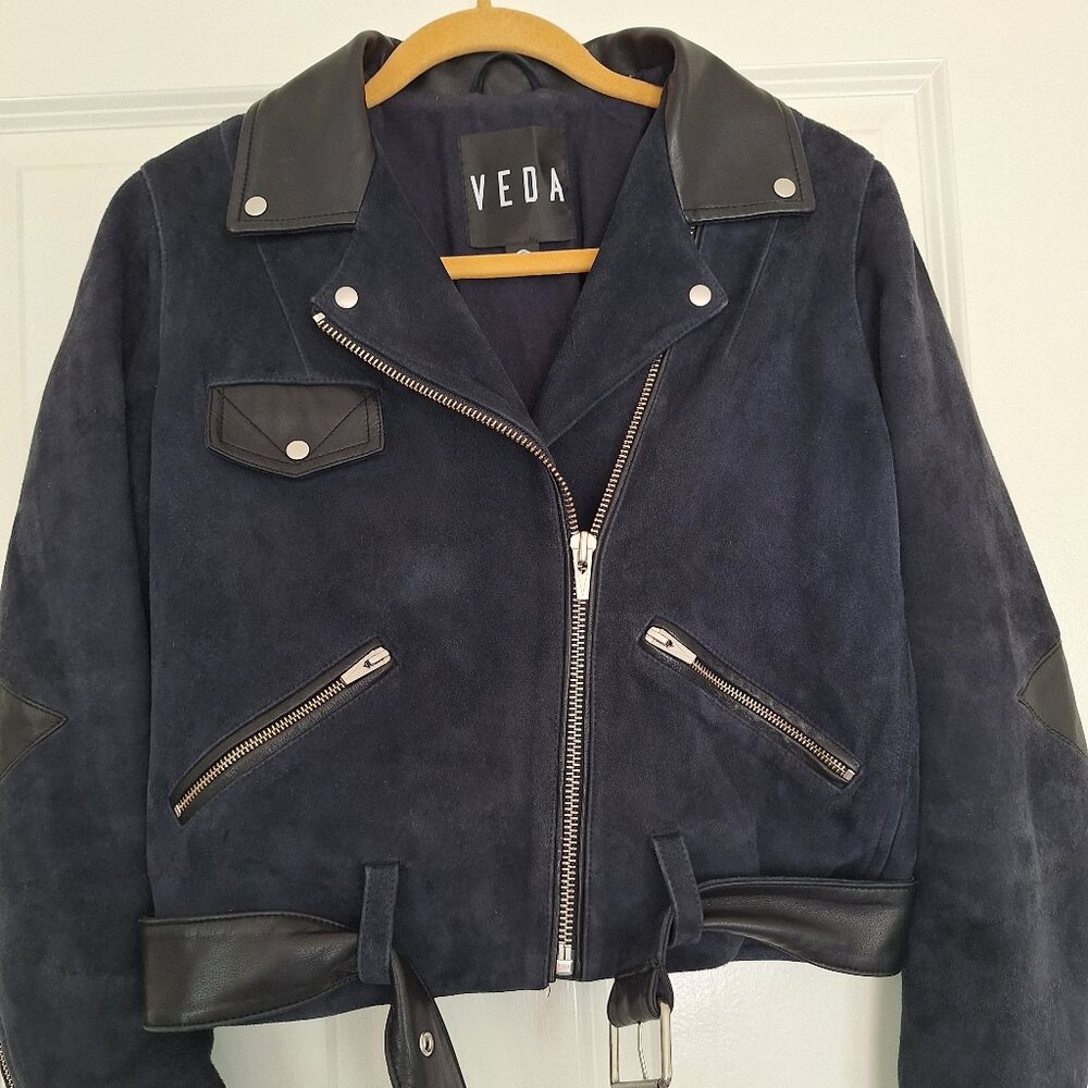 Veda Blue Suede Black‎ Leather Moto Jacket size S